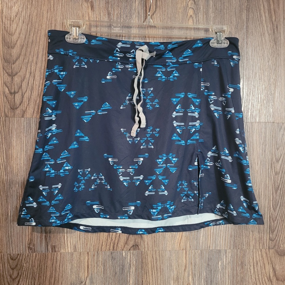 Toad & Co Aquaflex Skort Size L Deep Navy Water Print Trail to Stream Hike Swim